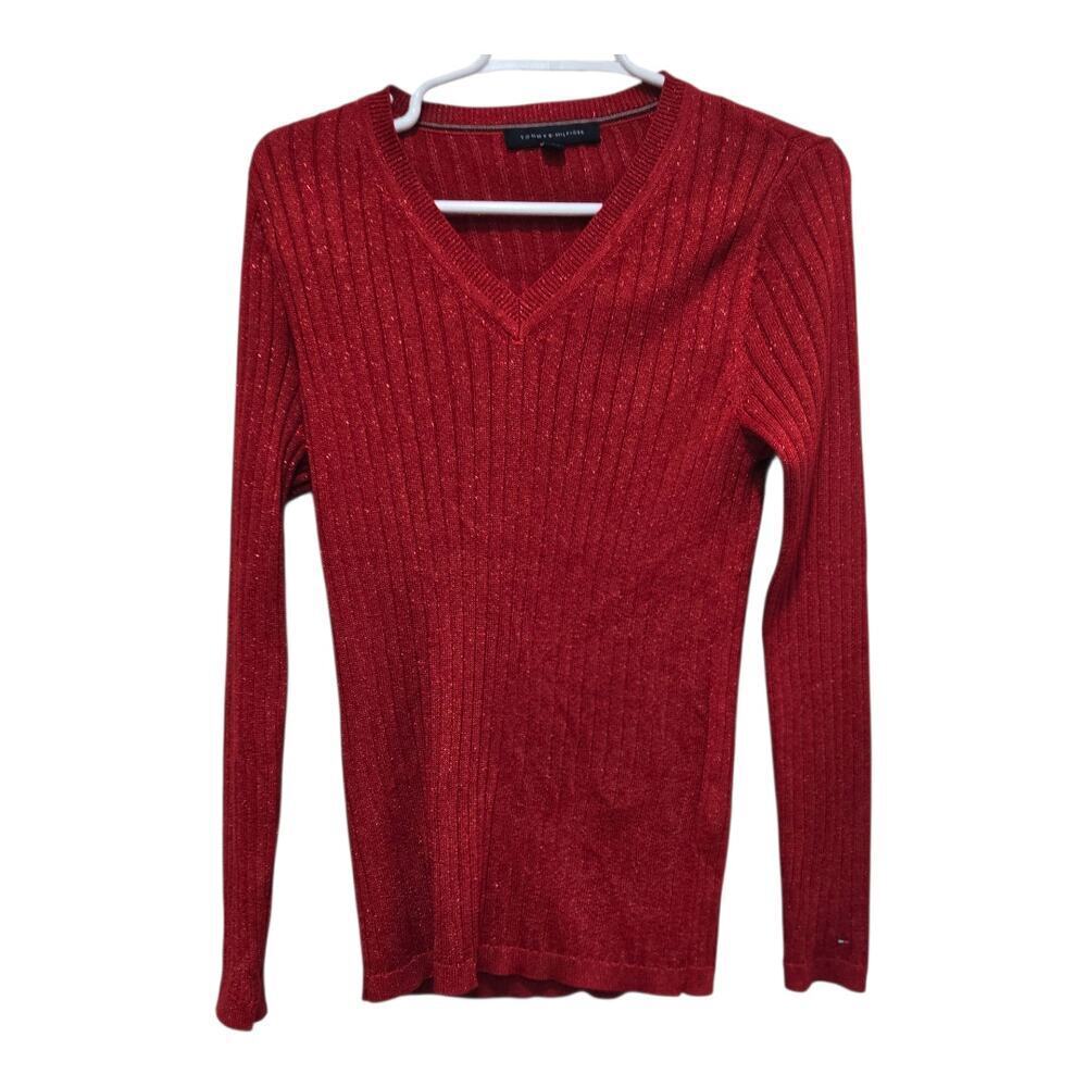 Tommy Hilfiger Red Metallic Ribbed Sweater Medium V Neck
